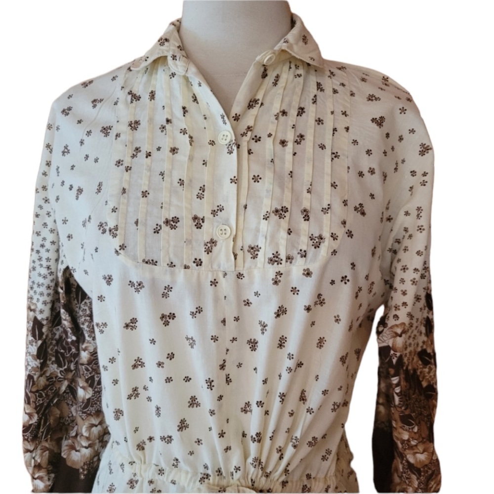 Vintage‎ Lathy? Off White & Brown Floral Dress - Picture 2 of 8